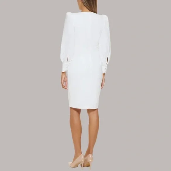 NWT Calvin Klein Bishop Puff Sleeve V-Neck Scuba-Crepe Sheath Dress 10 Ivory - Picture 2 of 14